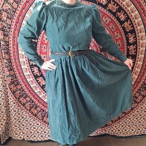 Vintage Handmade Bespoke Long Sleeve Micro Corduroy Peasant Maxi Dress